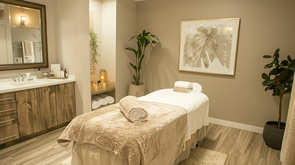 Photo d'une salle apaisante de magnétiseuse, guérisseuse, dédiée aux soins énergétiques, avec une table de massage recouverte de linge doux, une décoration chaleureuse et des éléments naturels. Cette image accompagne un texte invitant à découvrir la page des soins énergétiques.