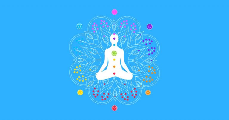 Schéma coloré représentant les 7 chakras alignés dans le corps humain, symbole d’équilibre énergétique.