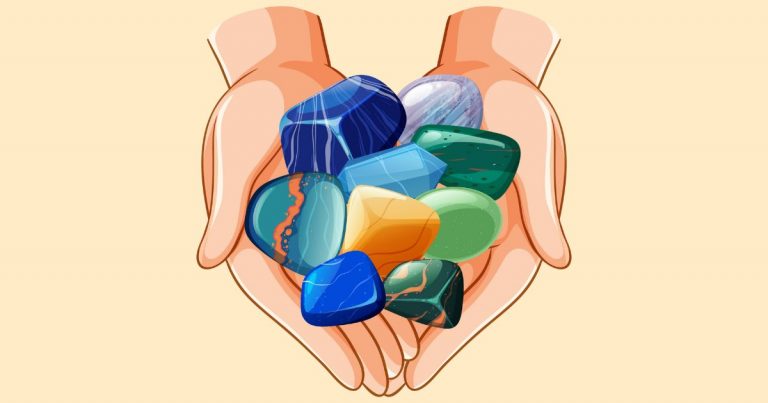 Illustration de mains tenant plusieurs cristaux colorés, utilisés en lithothérapie pour booster l’énergie et la motivation.