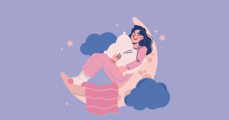 Illustration douce d’une femme en pyjama dormant sur la lune, symbole de détente et de sommeil réparateur.