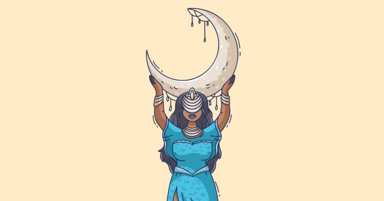 Femme tenant un croissant de lune, symbole de connexion entre cycles lunaires et émotions humaines