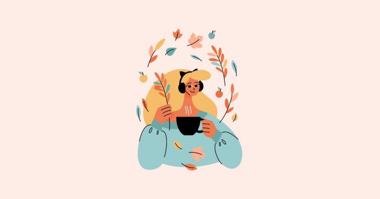 Femme détendue avec une tasse chaude, entourée de feuilles colorées symbolisant l’énergie positive du matin.
