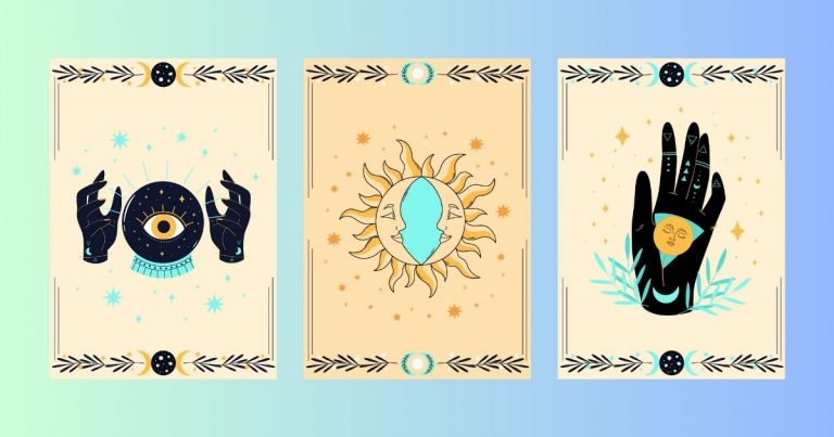 Trois illustrations symboliques représentant un œil, le soleil et une main mystique, associées aux cartes oracles.
